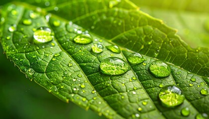 Close-up of a bright green leaf with water droplets glistening on its textured surface in soft, natural light