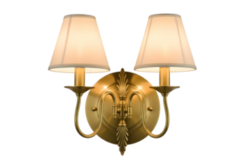 Ornate brass double wall sconce with cream shades isolated on transparent background