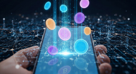 NFT or cryptocurrency concept with digital colorful coins flowing on smartphone screen