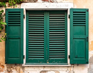 Close-up of green shutters on an aged building