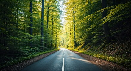 Obraz premium Asphalt road through lush green forest. Trees line the path, light filters through the canopy