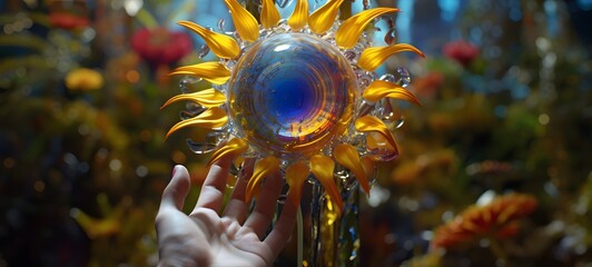 A sun flower , a small creature made of glass that is sitting in the palm of your hand,generative AI