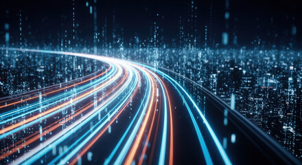 Bright glowing data light trails speeding over a modern digital city landscape at night with binary code