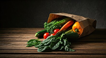 Assorted vibrant vegetables spilling from a brown paper bag onto a rustic wooden surface