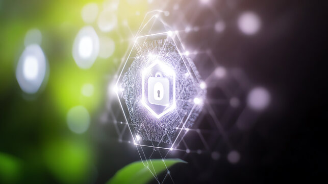 A digital lock symbol representating cybersecurity amidst a verdant background, symbolizing protection in the tech world.