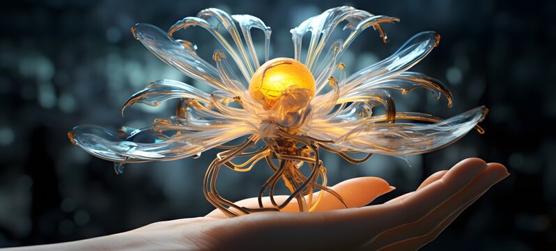 A sun flower , a small creature made of glass that is sitting in the palm of your hand,generative AI - Powered by Adobe