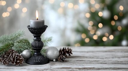 A cozy lit candle on a rustic wooden table surrounded by pine cones and evergreen branches with warm holiday lights glowing softly in the background - Powered by Adobe