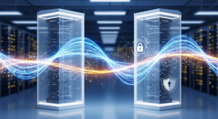 Concept of secure data transfer between server racks, data center background with glowing waves and security icons