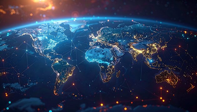 Blue Earth from space, continents lit, with glowing network connections spanning across the illuminated cities