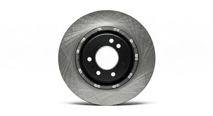 Automotive part a silver disc brake rotor with a black center hub, isolated