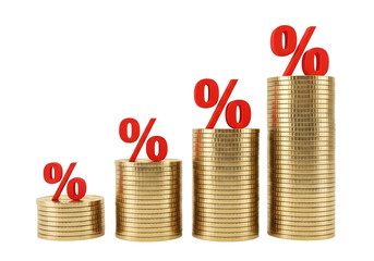 Four stacks of gold coins with red percentage signs isolated on transparent background
