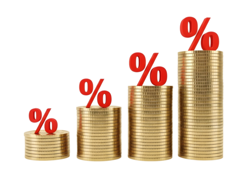 Four stacks of gold coins with red percentage signs isolated on transparent background
