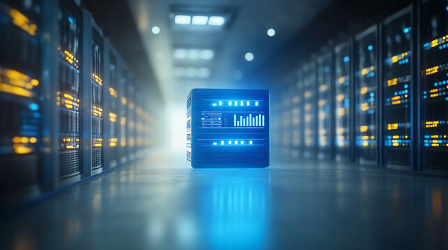 A futuristic data server in a high-tech environment, showcasing advanced computing and storage capabilities for modern technology.