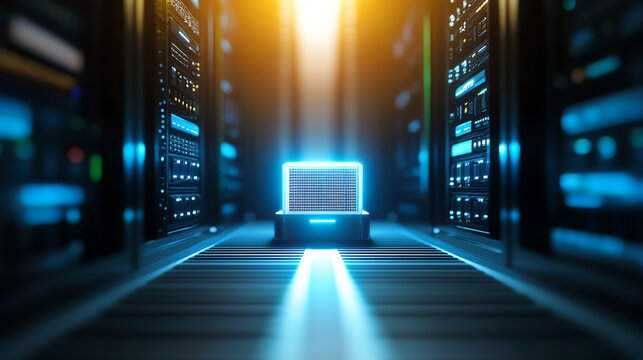 A futuristic data center featuring glowing server racks and a bright central server, showcasing advanced technology and innovation.