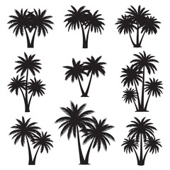 Collection of black palm tree silhouettes on a white background tropical
