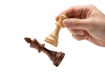 Hand holding chess king piece over another chess king piece isolated on transparent background