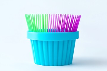 Bright blue silicone scrubber with vibrant green and purple bristles.