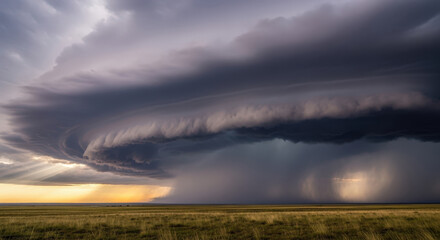 Dramatic sky with a large, dark storm cloud and rain falling over a wide, grassy plain at sunset
