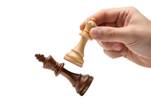 Hand holding chess king piece over another chess king piece isolated on transparent background