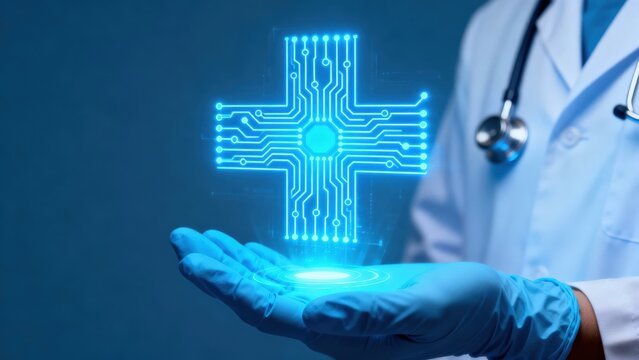 Elevate healthcare with AI technology services. Digital healthcare concept with a glowing medical cross symbol in a doctor's hand.