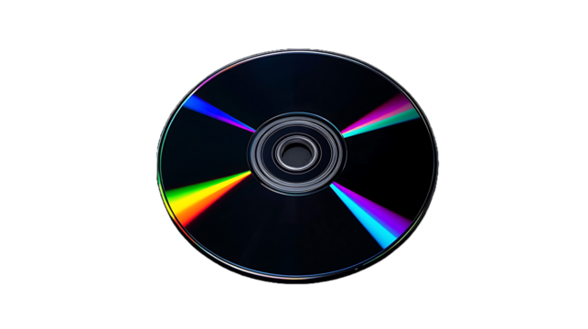 Compact disc with rainbow reflections isolated on transparent background