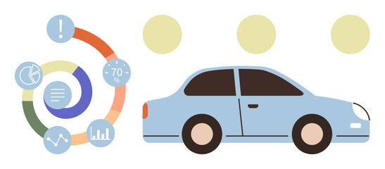 Compact blue car beside a multicolored circular infographic with icons for speed, analytics, and progress metrics. Ideal for car technology, data analysis, sustainability, transport innovation