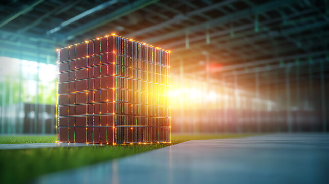 A futuristic solar panel shines with light, symbolizing renewable energy and innovation in sustainable technology.