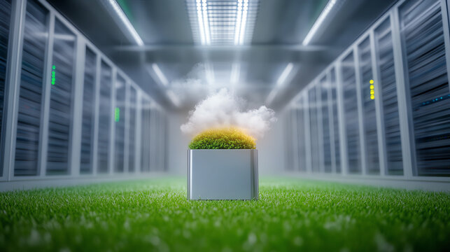 A futuristic server room with a unique green element, showcasing innovation and the fusion of nature and technology.