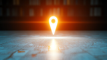 A glowing location pin icon on a map represents digital navigation and GPS technology in a modern world.