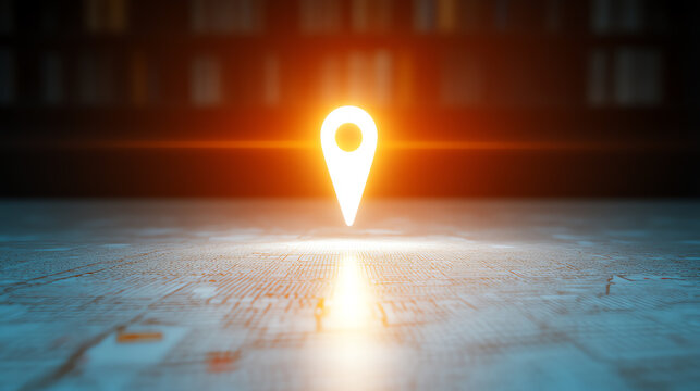 A glowing location pin icon on a map represents digital navigation and GPS technology in a modern world.