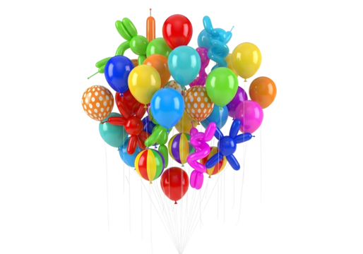 Colorful balloon garland flowing diagonally isolated on transparent background