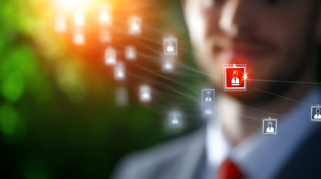 A professional man engaging with digital icons representing networking and connections, embodying modern communication strategies.