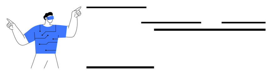 Individual in virtual reality headset interacts with digital elements in immersive space. Ideal for technology, innovation, future, VR, virtual reality, user experience, digital transformation