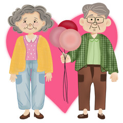 Elderly Couple with Balloons PNG | Cute Senior Love Illustration | Grandparents Valentine Clipart