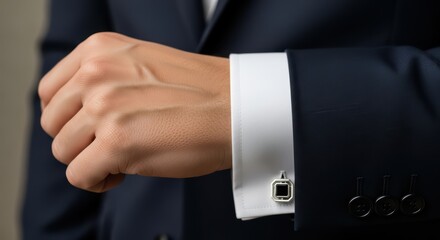 Young caucasian male adjusting cufflink on elegant suit