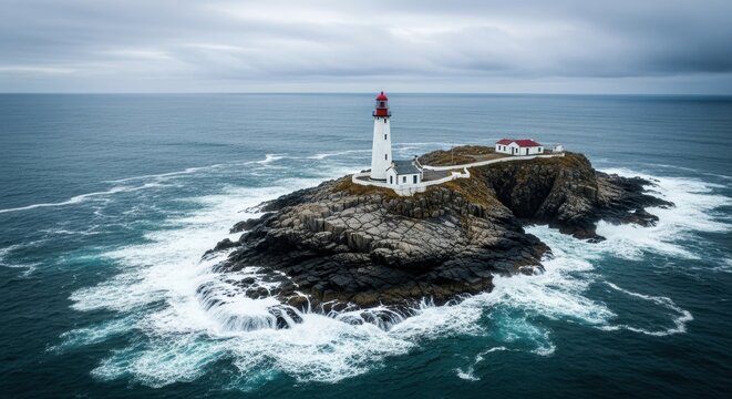 Dramatic coastal lighthouse stands vigilant against crashing ocean waves under grey sky