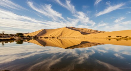 The reflection of dunes in a still oasis lake.