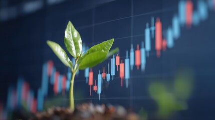 Emerging plant growth amidst stock market trends financial analysis business environment close-up view sustainability