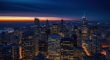 Dramatic city skyline at dusk with vibrant sunset, ideal for urban development themes