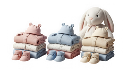 Stacks of colorful baby clothes with a bunny plush toy isolated on transparent background