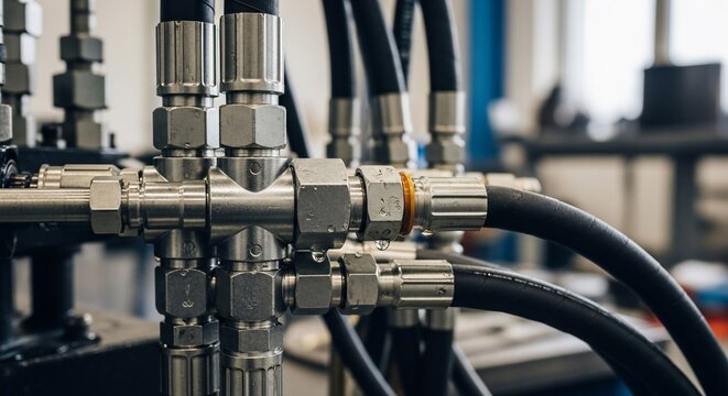 Close-up of stainless steel hydraulic fittings and black rubber hoses on industrial machinery.