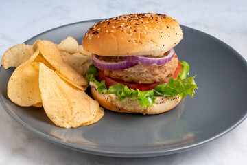 turkey burger with  a sde of potato chips,