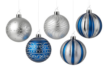 Five christmas ornaments with blue and silver designs isolated on transparent background