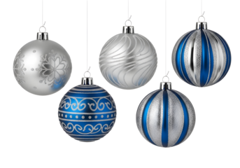 Five christmas ornaments with blue and silver designs isolated on transparent background