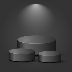 Classic metall podiums in dark grey, background, product display card.  Suitable for product displays, websites, product cards, banners, posters, and flyers.