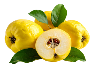 Ripe yellow fruit, one sliced revealing seeds