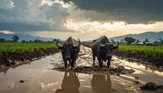 Two water buffalo plowing a muddy rice field under a dramatic sky with distant mountains and farms - Powered by Adobe