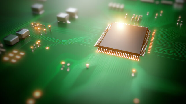 Close-up of a microprocessor on a green circuit board, showcasing technology and innovation in electronics and computing.