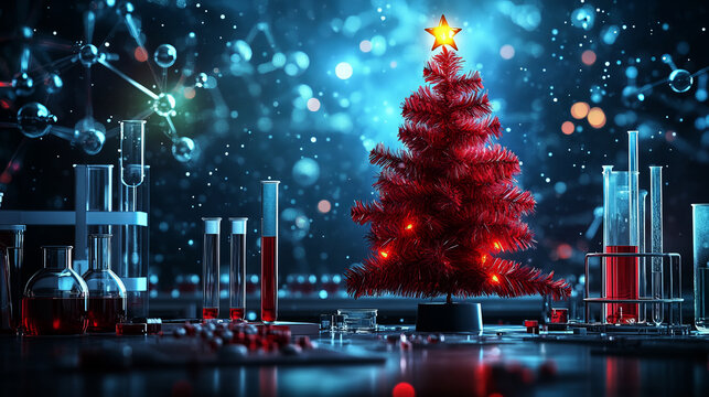 christmas tree made from red tinsel stands on a laboratory table, surrounded by test tubes and scientific equipment