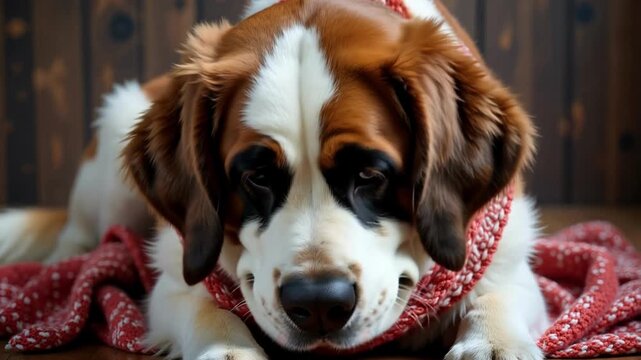 Gentle Giant Saint Bernard: A heartwarming closeup of a lovable dog in a cozy red scarf slowly lowering its head in a tender moment. 4K footage
